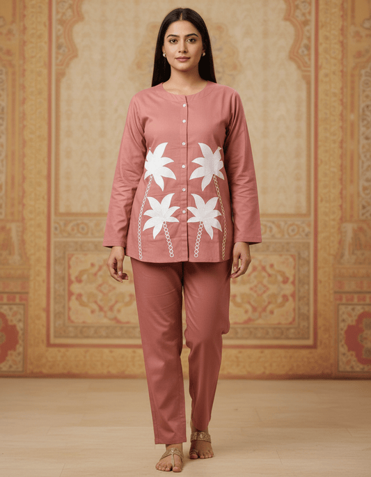 Women Light Brown Cotton Co - Ord Set | Printed Top & Bottom Set | Full Sleeve Casual Wear | Comfortable Daily Wear | Cyenora - Cyenora