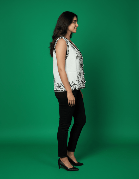 White Embroidered Sleeveless Jacket – Indo - Western Women Top | Cyenora - Cyenora