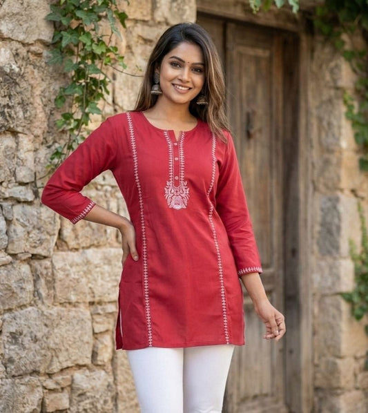 Red Embroidered Cotton Kurti – Women Office Wear | Cyenora - Cyenora