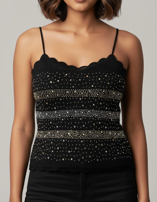 Women's Black Embellished Knit Cami Top | Cyenora - Cyenora