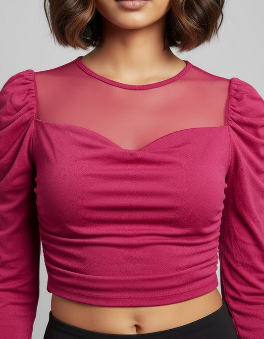 Women's Magenta Ruched Mesh Yoke Crop Top | Cyenora - Cyenora