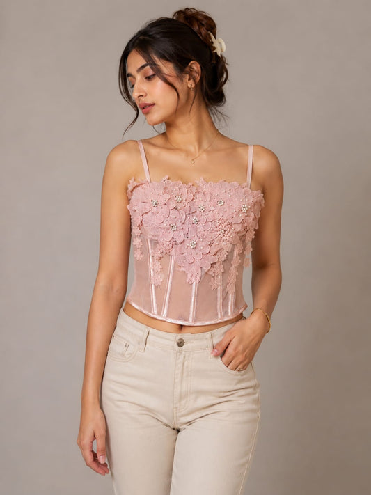 Women's Pearl Pink Floral Corset Party Top | Cyenora