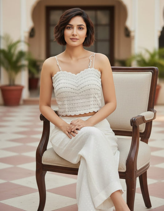 Women's Pearl White Embellished Party Crop Top | Cyenora - Cyenora