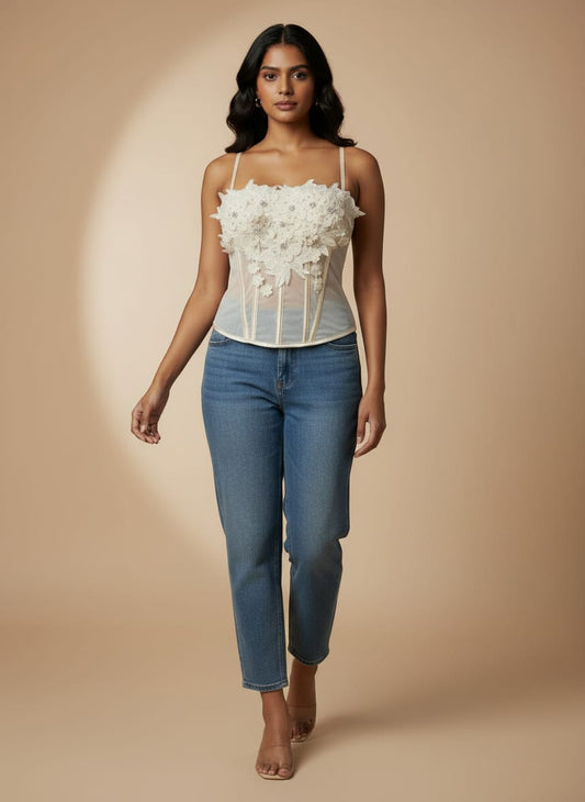 Women's Pearl White Floral Corset Party Top | Cyenora - Cyenora