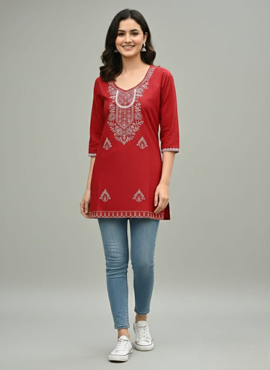 Cyenora Women’s Red Embroidered Kurti - Cyenora