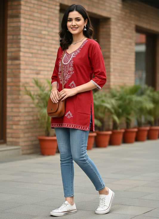 Cyenora Women’s Red Embroidered Kurti - Cyenora