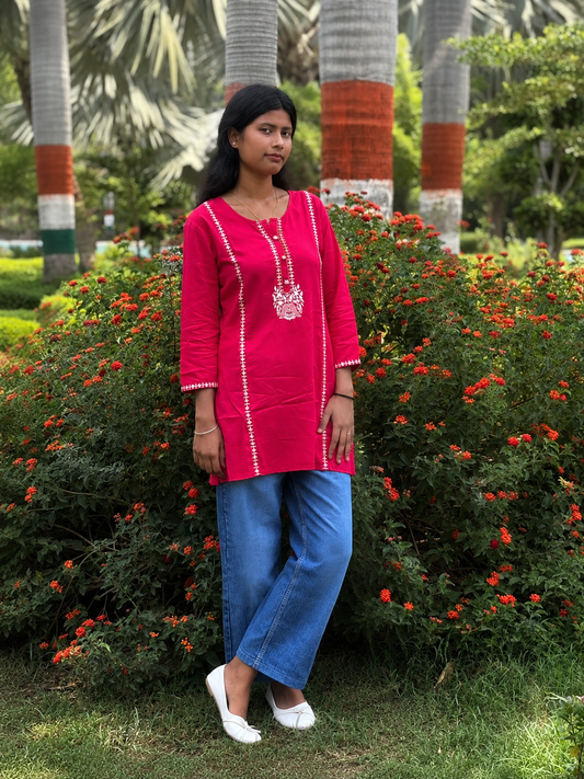 Women's Dark Pink Embroidered Cotton Kurti – Office Wear | Cyenora - Cyenora