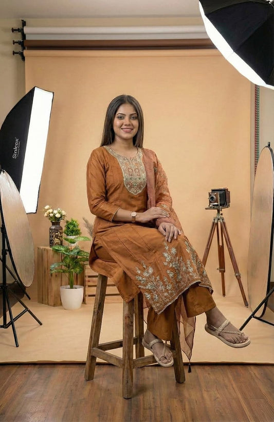 Kurta Set | Rust Brown Embroidered Kurta Set with Dupatta