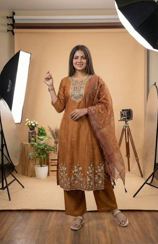 Kurta Set | Rust Brown Embroidered Kurta Set with Dupatta