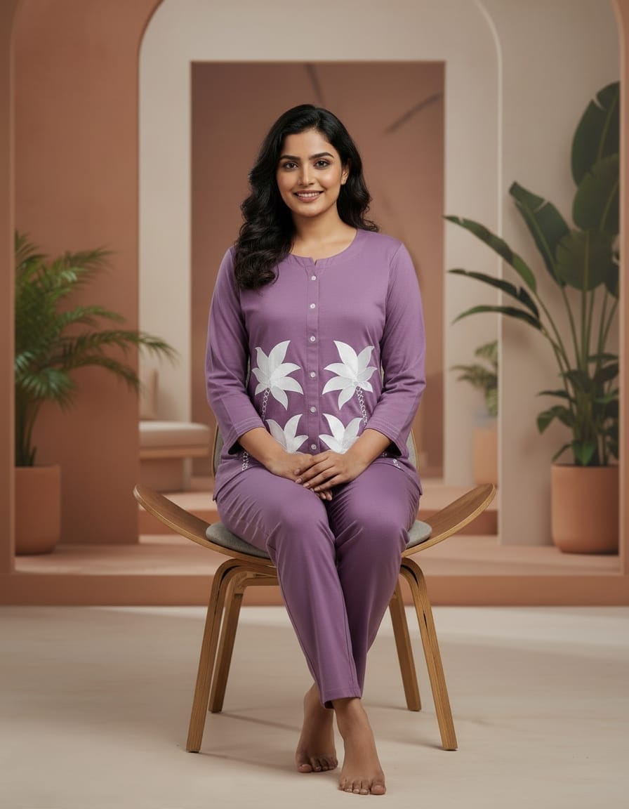 Women’s Lavender Purple Cotton Co - Ord Set | Printed Full Sleeve Top & Bottom Set | Comfortable Casual & Loungewear | Cyenora - Cyenora