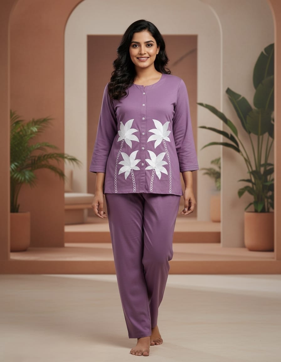 Women’s Lavender Purple Cotton Co - Ord Set | Printed Full Sleeve Top & Bottom Set | Comfortable Casual & Loungewear | Cyenora - Cyenora