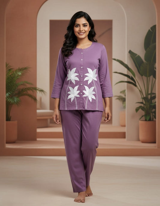 Women’s Lavender Purple Cotton Co - Ord Set | Printed Full Sleeve Top & Bottom Set | Comfortable Casual & Loungewear | Cyenora - Cyenora
