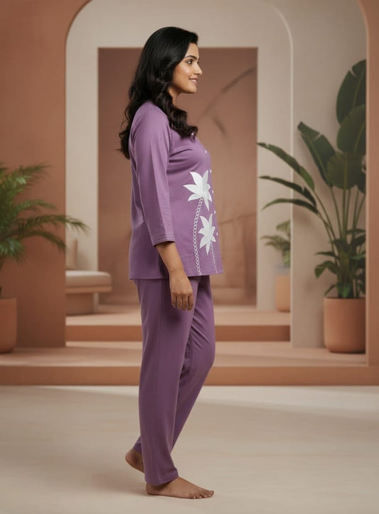 Women’s Lavender Purple Cotton Co - Ord Set | Printed Full Sleeve Top & Bottom Set | Comfortable Casual & Loungewear | Cyenora - Cyenora