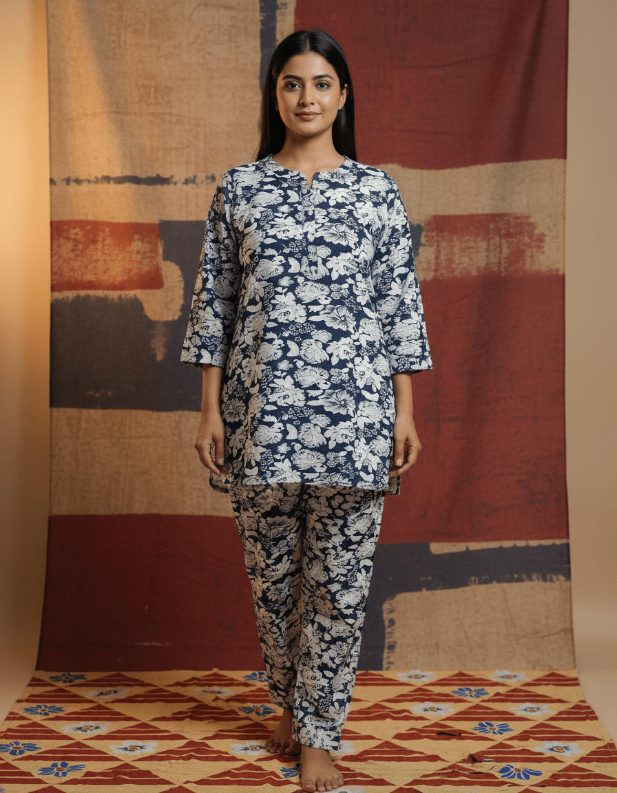 Women Blue & White Floral Cotton Co - Ord Set | Printed Top & Bottom Set | Full Sleeve Casual Wear | Comfortable Daily Wear | Cyenora - Cyenora