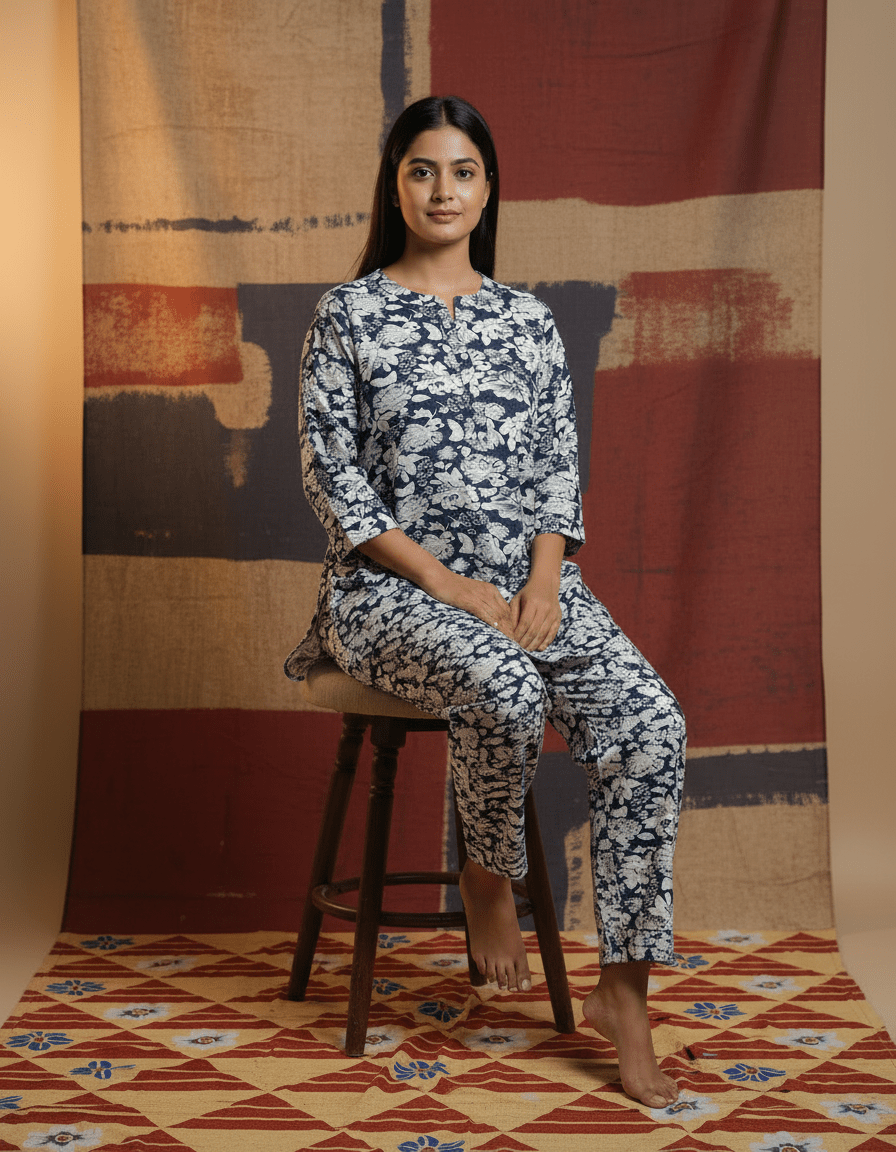 Women Blue & White Floral Cotton Co - Ord Set | Printed Top & Bottom Set | Full Sleeve Casual Wear | Comfortable Daily Wear | Cyenora - Cyenora