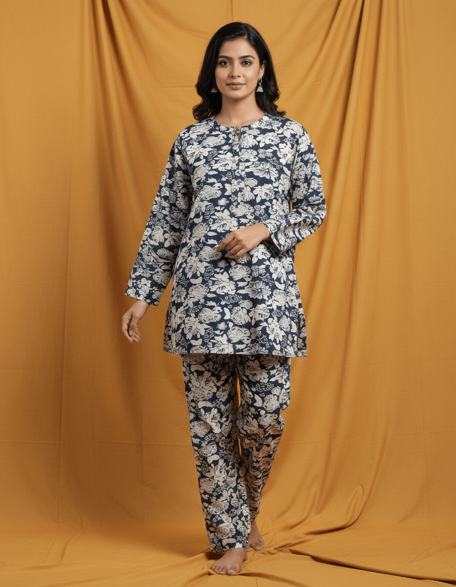 Women Blue & White Floral Cotton Co - Ord Set | Printed Top & Bottom Set | Full Sleeve Casual Wear | Comfortable Daily Wear | Cyenora - Cyenora