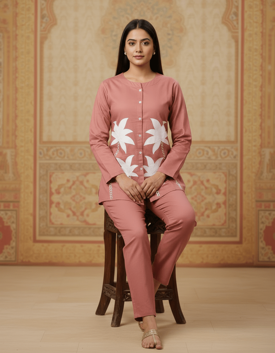 Women Light Brown Cotton Co - Ord Set | Printed Top & Bottom Set | Full Sleeve Casual Wear | Comfortable Daily Wear | Cyenora - Cyenora