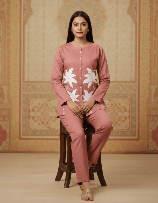 Women Light Brown Cotton Co - Ord Set | Printed Top & Bottom Set | Full Sleeve Casual Wear | Comfortable Daily Wear | Cyenora - Cyenora