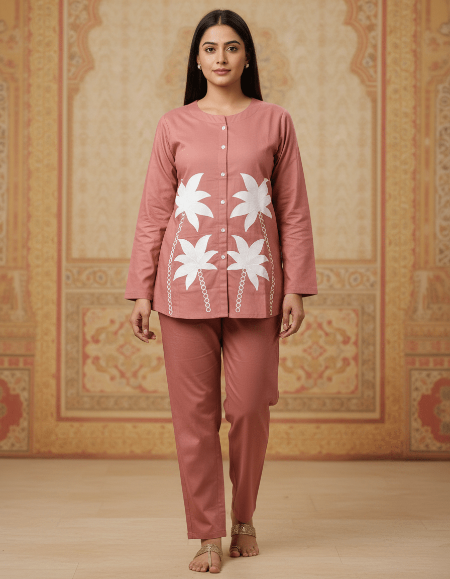 Women Light Brown Cotton Co - Ord Set | Printed Top & Bottom Set | Full Sleeve Casual Wear | Comfortable Daily Wear | Cyenora - Cyenora