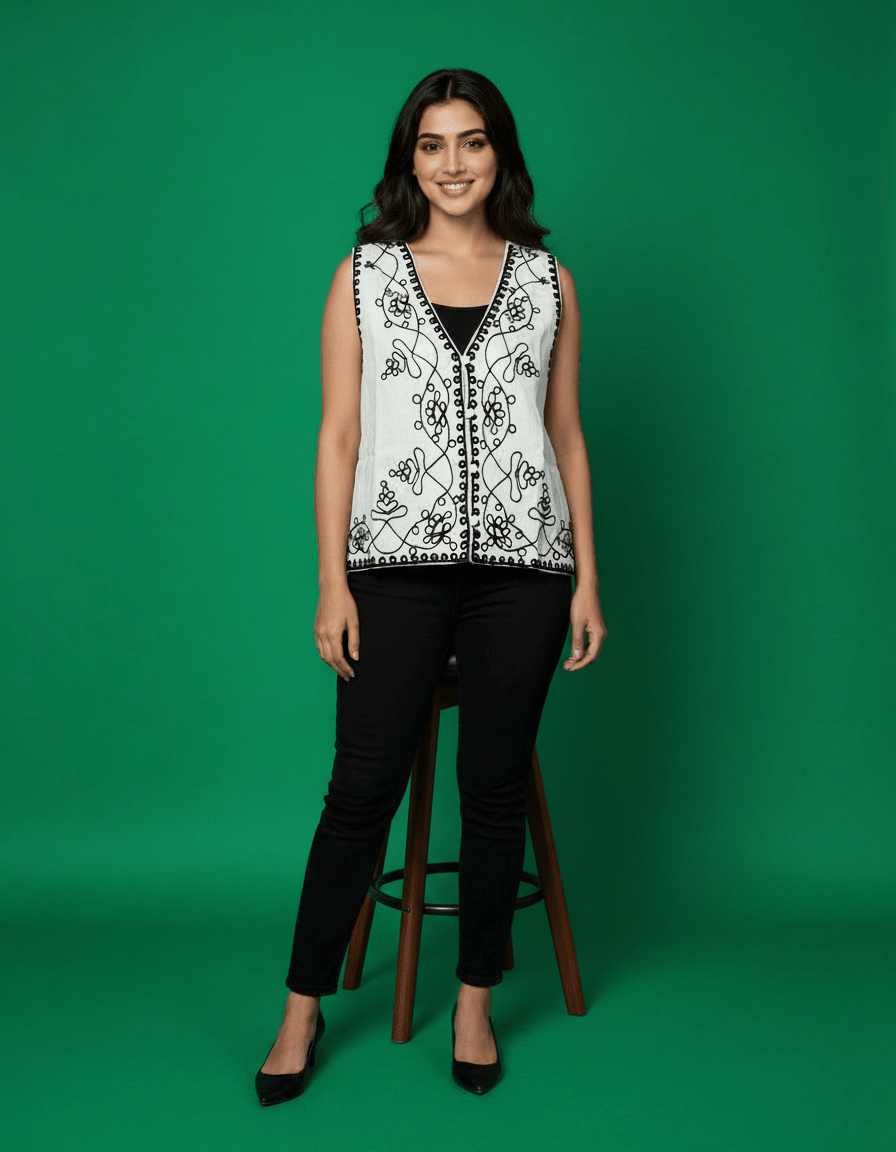 White Embroidered Sleeveless Jacket – Indo - Western Women Top | Cyenora - Cyenora