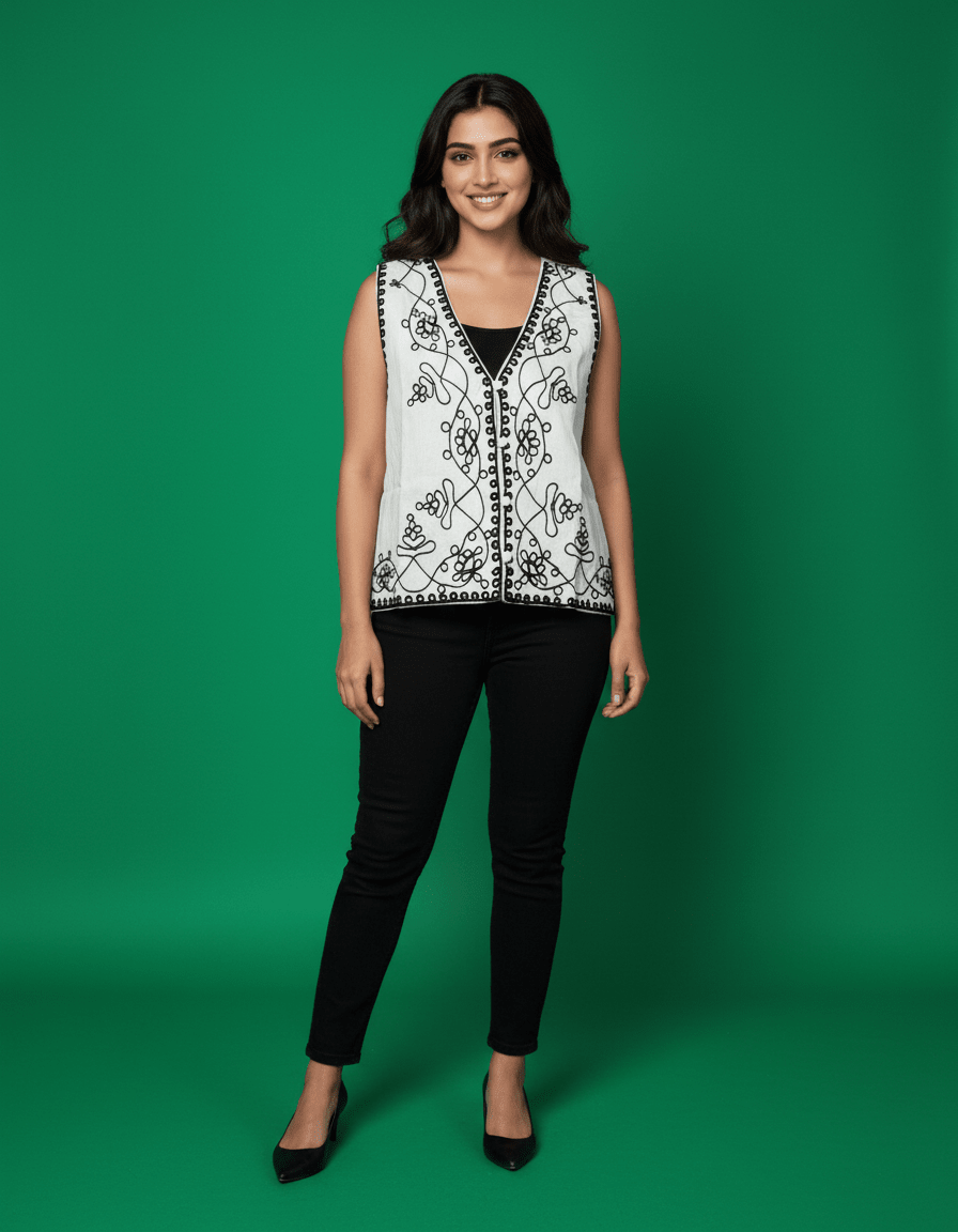 White Embroidered Sleeveless Jacket – Indo - Western Women Top | Cyenora - Cyenora