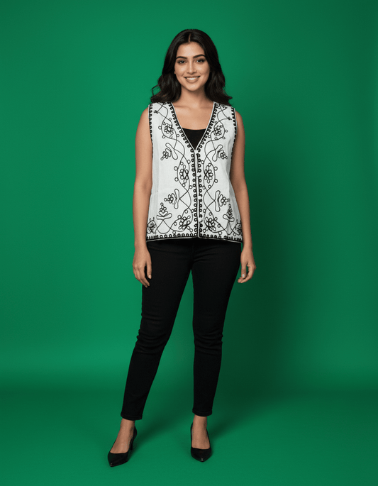 White Embroidered Sleeveless Jacket – Indo - Western Women Top | Cyenora - Cyenora