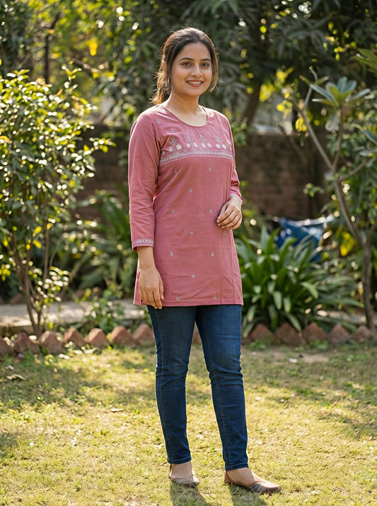 Light Pink Embroidered Cotton Kurti – Women Daily Wear | Cyenora - Cyenora