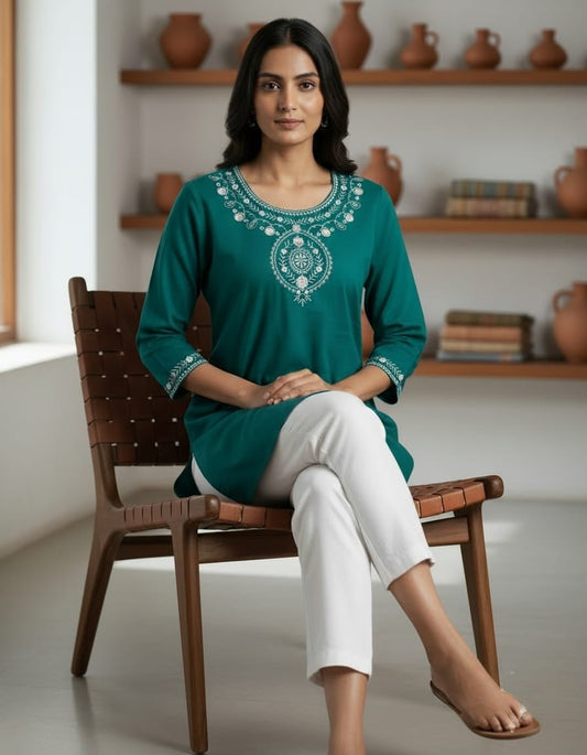 Green Embroidered Cotton Kurti – Women Office Wear | Cyenora - Cyenora