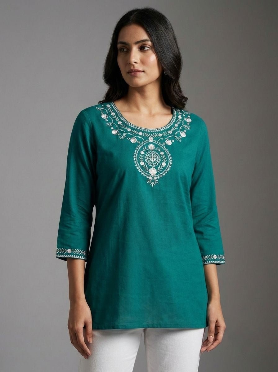 Green Embroidered Cotton Kurti – Women Office Wear | Cyenora - Cyenora