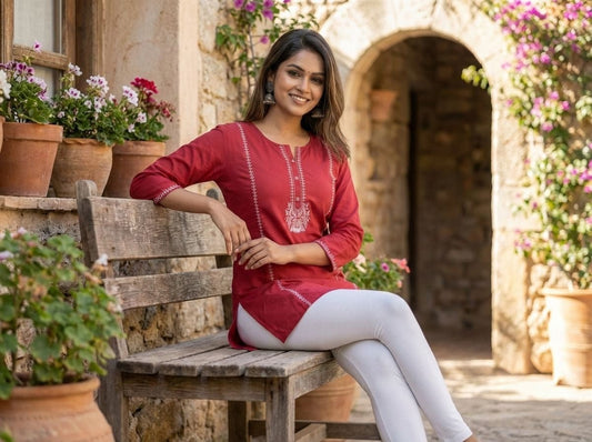 Red Embroidered Cotton Kurti – Women Office Wear | Cyenora - Cyenora