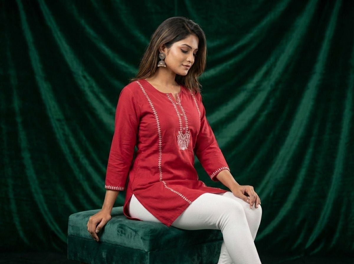 Red Embroidered Cotton Kurti – Women Office Wear | Cyenora - Cyenora