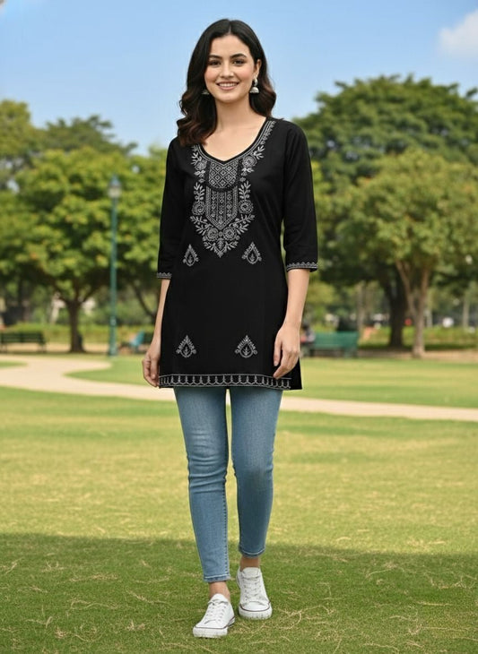 Cyenora V Neck Women’s Mustard Embroidered Kurti - Cyenora