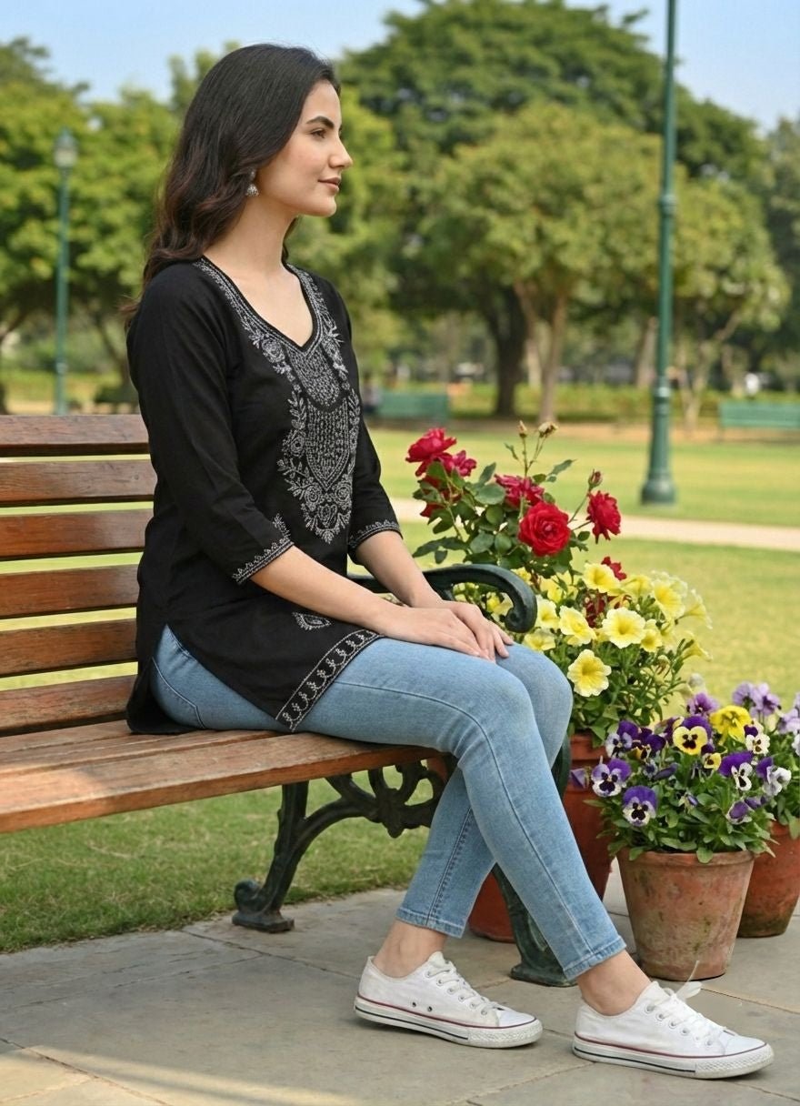 Cyenora V Neck Women’s Mustard Embroidered Kurti - Cyenora