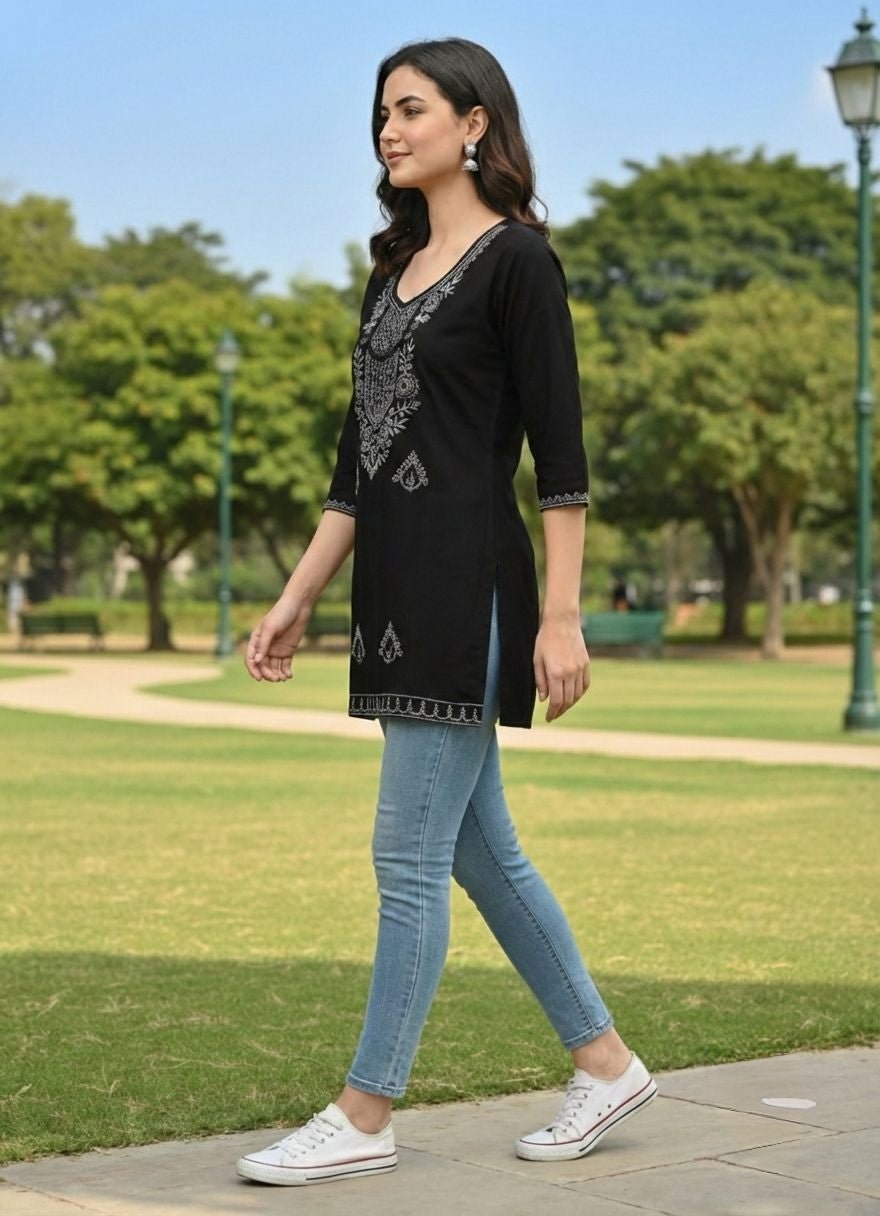 Cyenora V Neck Women’s Mustard Embroidered Kurti - Cyenora