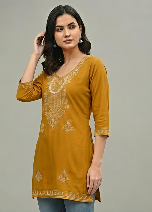 Cyenora Women’s Light Yellow Embroidered Kurti - Cyenora