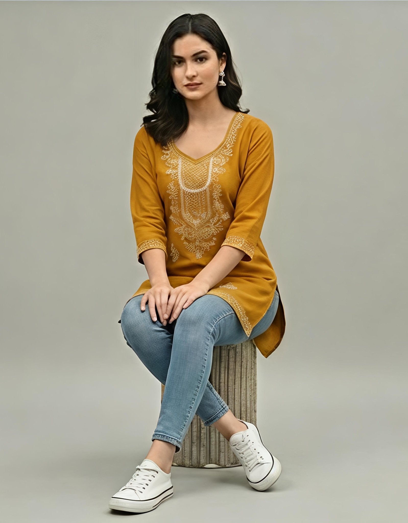 Cyenora Women’s Light Yellow Embroidered Kurti - Cyenora