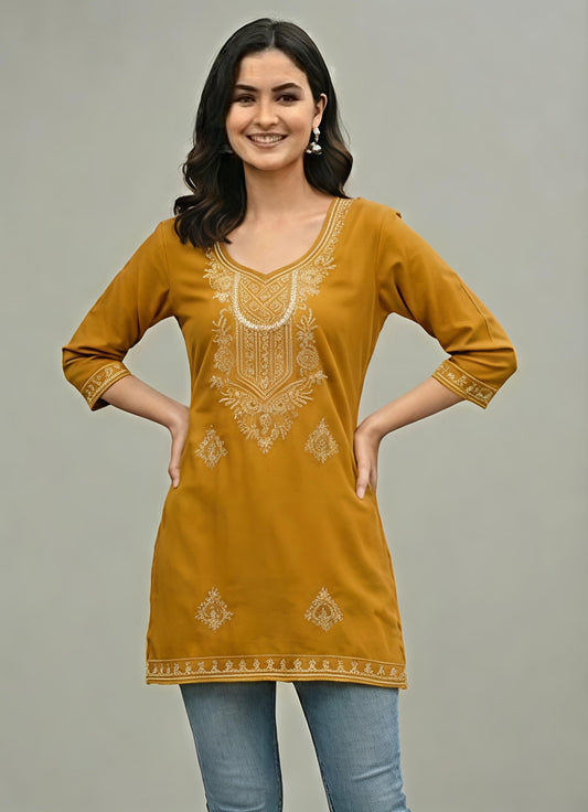 Cyenora Women’s Light Yellow Embroidered Kurti - Cyenora