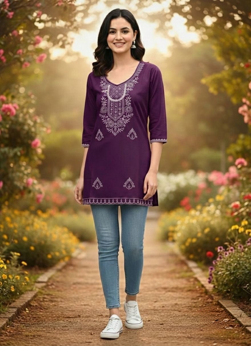 Cyenora Women’s Purple Embroidered Kurti - Cyenora