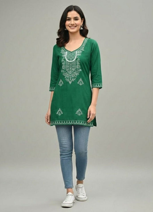 Cyenora V Neck Women’s Green Embroidered Kurti - Cyenora