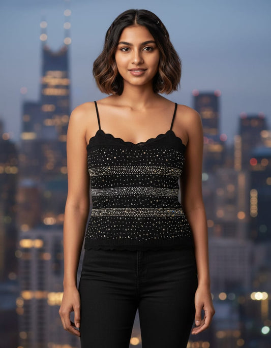 Women's Black Embellished Knit Cami Top | Cyenora