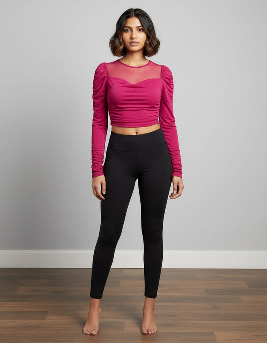Women's Magenta Ruched Mesh Yoke Crop Top | Cyenora