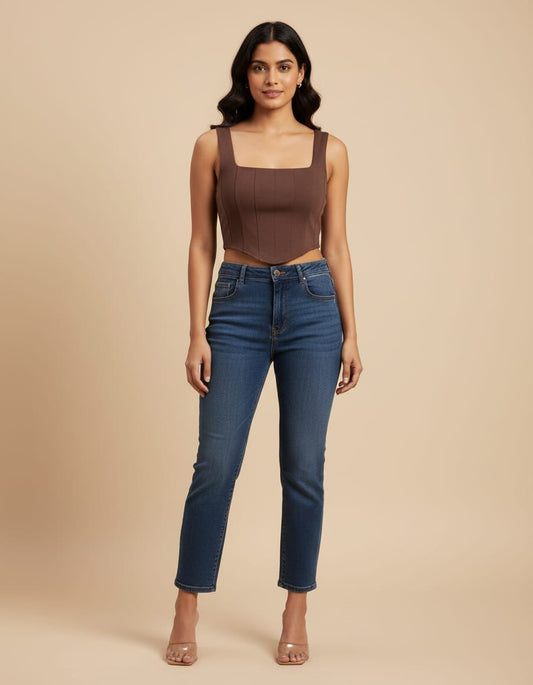 Women's Mocha Square Neck Crop Top | Cyenora