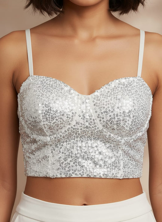 Women's Silver Sequin Party Crop Top | Cyenora - Cyenora