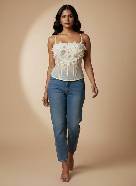 Women's Pearl White Floral Corset Party Top | Cyenora - Cyenora