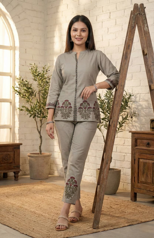 Co-ord Set | Grey Embroidered Top & Pant Co-ord Set