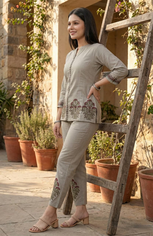 Co-ord Set | Grey Embroidered Top & Pant Co-ord Set
