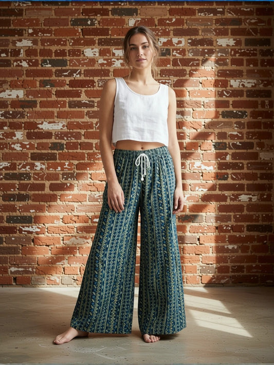 Crop Top | Boho Printed Drawstring Wide-Leg Trousers