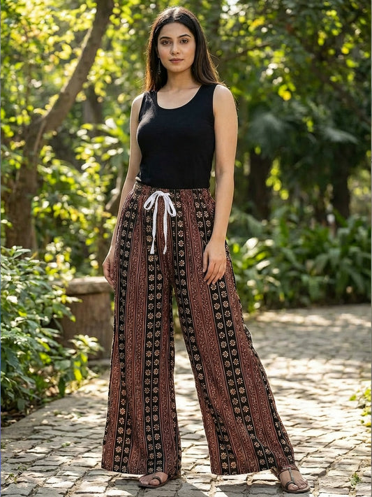 Crop Top | Ethnic Printed Wide-Leg Trousers with Drawstring Waist