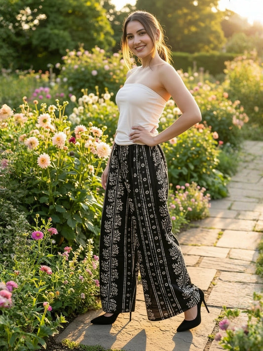 Crop Top | Boho Printed Drawstring Wide-Leg Trousers