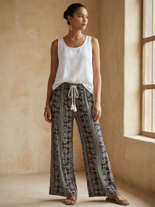 Crop Top | Ethnic Printed Wide-Leg Trousers with Drawstring Waist